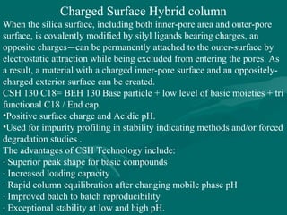 Charged Surface Hybrid column
When the silica surface, including both inner-pore area and outer-pore
surface, is covalently modified by silyl ligands bearing charges, an
opposite charges—can be permanently attached to the outer-surface by
electrostatic attraction while being excluded from entering the pores. As
a result, a material with a charged inner-pore surface and an oppositely-
charged exterior surface can be created.
CSH 130 C18= BEH 130 Base particle + low level of basic moieties + tri
functional C18 / End cap.
•Positive surface charge and Acidic pH.
•Used for impurity profiling in stability indicating methods and/or forced
degradation studies .
The advantages of CSH Technology include:
· Superior peak shape for basic compounds
· Increased loading capacity
· Rapid column equilibration after changing mobile phase pH
· Improved batch to batch reproducibility
· Exceptional stability at low and high pH.
 