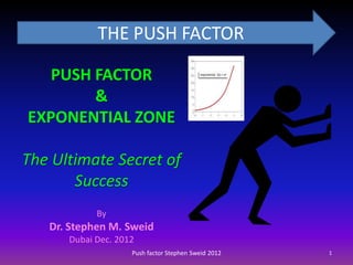 THE PUSH FACTOR

   PUSH FACTOR
        &
EXPONENTIAL ZONE

The Ultimate Secret of
       Success
            By
   Dr. Stephen M. Sweid
      Dubai Dec. 2012
                    Push factor Stephen Sweid 2012   1
 