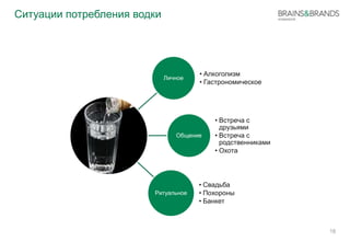 Ситуации потребления водки 
Личное 
• Алкоголизм 
• Гастрономическое 
Общение 
• Встреча с 
друзьями 
• Встреча с 
родственниками 
• Охота 
Ритуальное 
• Свадьба 
• Похороны 
• Банкет 
18 
 