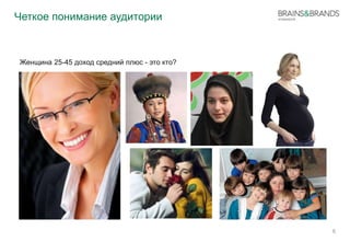 Четкое понимание аудитории 
6 
Женщина 25-45 доход средний плюс - это кто? 
 