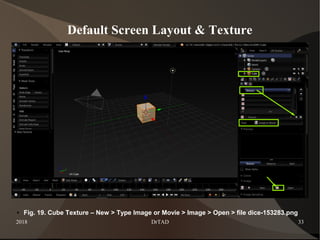 2018 DrTAD 33
Default Screen Layout & Texture
● Fig. 19. Cube Texture – New > Type Image or Movie > Image > Open > file dice-153283.png
 