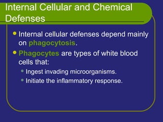 Internal Cellular and Chemical
Defenses
Internal cellular defenses depend mainly
on phagocytosis.
Phagocytes are types of white blood
cells that:
Ingest invading microorganisms.
Initiate the inflammatory response.
 