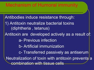 Mechanism of Humoral immunity
Antibodies induce resistance through:
1) Antitoxin neutralize bacterial toxins
(diphtheria , tetanus)
Antitoxin are developed actively as a result of:
a- Previous infection
b- Artificial immunization
c- Transferred passively as antiserum
Neutralization of toxin with antitoxin prevents a
combination with tissue cells
 