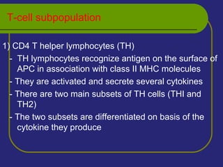 T-cell subpopulation
1) CD4 T helper lymphocytes (TH)
- TH lymphocytes recognize antigen on the surface of
APC in association with class II MHC molecules
- They are activated and secrete several cytokines
- There are two main subsets of TH cells (THI and
TH2)
- The two subsets are differentiated on basis of the
cytokine they produce
 