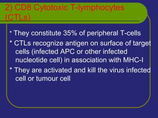 2) CD8 Cytotoxic T-lymphocytes
(CTLs)
* They constitute 35% of peripheral T-cells
* CTLs recognize antigen on surface of target
cells (infected APC or other infected
nucleotide cell) in association with MHC-I
* They are activated and kill the virus infected
cell or tumour cell
 