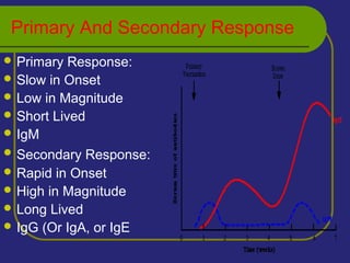 Primary And Secondary Response
 Primary Response:
 Slow in Onset
 Low in Magnitude
 Short Lived
 IgM
 Secondary Response:
 Rapid in Onset
 High in Magnitude
 Long Lived
 IgG (Or IgA, or IgE
 
