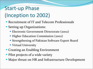 Start-up Phase (Inception to 2002) Recruitment of IT and Telecom Professionals Setting up Organizations: Electronic Government Directorate (2002) Higher Education Commission (2002) Strengthening of Pakistan Software Export Board Virtual University Creating an Enabling Environment Pilot projects of a wide variety Major thrust on HR and Infrastructure Development 