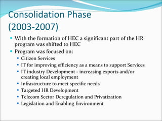 Consolidation Phase (2003-2007) With the formation of HEC a significant part of the HR program was shifted to HEC Program was focused on: Citizen Services IT for improving efficiency as a means to support Services IT industry Development - increasing exports and/or creating local employment Infrastructure to meet specific needs Targeted HR Development Telecom Sector Deregulation and Privatization Legislation and Enabling Environment 