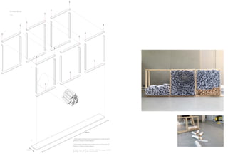 PRODUCEDBYANAUTODESKEDUCATIONALPRODUCT
PRODUCEDBYANAUTODESKEDUCATIONALPRODUCT
Full Assembly Axo
1:12
1.
2.
4.
1. Rear layer of timber stud concentration comprising of
600mm x 18mm timber battens.
2. Front layer of timber stud construction comprising of
600mm x 18mm timber battens.
3. Paper ‘rose’ spirals at 297mm x 841mm made from a1
cartridge 130 gsm paper white sheets.
1900mm
200mm
 