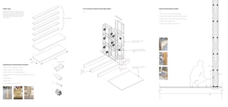 PRODUCEDBYANAUTODESKEDUCATIONALPRODUCT
PRODUCEDBYANAUTODESKEDUCATIONALPRODUCT
PRODUCEDBYANAUTODESKEDUCATIONALPRODUCT
PRODUCED BY AN AUTODESK EDUCATIONAL PRODUCT
PRODUCEDBYANAUTODESKEDUCATIONALPRODUCT
PRODUCEDBYANAUTODESKEDUCATIONALPRODUCT
PRODUCEDBYANAUTODESKEDUCATIONALPRODUCT
PRODUCED BY AN AUTODESK EDUCATIONAL PRODUCT
PRODUCEDBYANAUTODESKEDUCATIONALPRODUCT
PRODUCEDBYANAUTODESKEDUCATIONALPRODUCT
Partition Types
For the bridge link envelope, there are two main
partition types. Type 1 is an internal construction
and type 2 is an external construction. The use
of paper with these partition constructions follow
similar construction methods that are already
used in Japan.
Axo of construction makeup of internal edge condition
1:20
Section of internal partition condition
1:10
1. 600 x 45mm x 18mm chamfered timber battens
2. 297mm x 841mm folded ‘A1 cartridge 130 paper white sheets
3. 1900mm x 200mm x 18mm marine ply board partition base
4. 228mm x 50mm timber floor joist
5. marine ply flooring 3000mm x 2500 x 18mm
Assembly parts for internal partition construction
1. 600mm x 18mm chamfered timber battens
2. 200mm x 950mm x 18mm plywood sheets
3. 200mm x 950mm x 18mm plywood sheets (x 2)
4. 297mm x 841mm ‘A1 Cartridge 130 gsm paper white sheets’ (cut from
an a1 sheet)
5. folded repetitively
6. folded in place
7. process repeated until cluster is made
timber battens
Paper application
200mm
950mm
1.
2.
3.
4.
5.
6.
7.
600mm x 600mm timber
partition frames.
297mm x 841mm folded a1
cartridge 130 gsm paper white
sheets.
marine ply flooring 3000mm x
2500 x 18mm
50mm x
228mm
timber floor
joist
section detail
(right)
600 mm
45
200 mm
1.
2.
3.
4.
5.
 