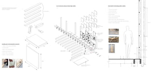 PRODUCEDBYANAUTODESKEDUCATIONALPRODUCT
PRODUCEDBYANAUTODESKEDUCATIONALPRODUCT
PRODUCEDBYANAUTODESKEDUCATIONALPRODUCT
PRODUCED BY AN AUTODESK EDUCATIONAL PRODUCT
PRODUCEDBYANAUTODESKEDUCATIONALPRODUCT
PRODUCEDBYANAUTODESKEDUCATIONALPRODUCT
PRODUCEDBYANAUTODESKEDUCATIONALPRODUCT
PRODUCED BY AN AUTODESK EDUCATIONAL PRODUCT
PRODUCEDBYANAUTODESKEDUCATIONALPRODUCT
PRODUCEDBYANAUTODESKEDUCATIONALPRODUCT
PRODUCEDBYANAUTODESKEDUCATIONALPRODUCT
This sequence of drawings show the construction
makeup of the external partition that forms the
envelope of the bridge link.
Assembly parts for external partition construction
1. 1050mm x 18mm chamfered timber battens
2. Timber joist hanger
3. 400mm x 76mm timber brace noggin
4. Perspex sheet holding bracket
5. 400mm x 600mm marine ply board
6. 2320mm x 1523mm perspex sheet
timber battens
1.
2.
3.
4.
5.
6.
600mm
400mm
1523mm
2320mm
Axo of construction makeup of external edge condition
1:20
50mm x 228mm
timber floor joist
400mm x 600mm
marine ply board
297mm x 841mm
folded a1 cartridge
130 gsm paper
white sheets
600mm x 600mm
timber partition
frames
2320mm x
1523mm perspex
sheet
marine ply flooring 3000mm x
2500mm x 18mm
joist hanger
section detail
(right)
Section detail of external edge partition condition
1:10
1. floor finish ( 75mm screed)
2. 18mm ply wood flooring
3. 228mm x 50mm floor joist
4. timber joist hanger
5. 400mm x 76mm timber brace noggin
6. perspex sheet holding bracket
7. 600mm x 45mm x 18mm chamfered timber battens
8. 297mm x 841mm folded a1 cartridge 130gsm paper white sheets.
9. 2320mm x 1523mm perspex sheet
600 mm
1523 mm
45
1.2.
3. 4. 5.
7.
8.
9.
50mm 128mm
 