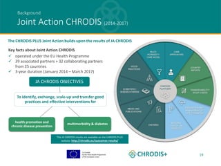 Co-funded
by the Third Health Programme
of the European Union
19
Background
Joint Action CHRODIS (2014-2017)
The JA CHRODIS results are available on the CHRODIS PLUS
website: http://chrodis.eu/outcomes-results/
Key facts about Joint Action CHRODIS
 operated under the EU Health Programme
 39 associated partners + 32 collaborating partners
from 25 countries
 3-year duration (January 2014 – March 2017)
To identify, exchange, scale-up and transfer good
practices and effective interventions for
JA CHRODIS OBJECTIVES
multimorbidity & diabeteshealth promotion and
chronic disease prevention
The CHRODIS PLUS Joint Action builds upon the results of JA CHRODIS
 