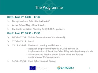 Co-funded
by the Third Health Programme
of the European Union
3
Day 1: June 6th 14:00 – 17:30
 Background and Policy Context to ASF
 Active School Flag – How it works
 Pre-implementation Planning for CHRODIS+ partners
Day 2: June 7th 08:30 – 15:30
 08:30 – 12:30 Visit to Demonstration Schools (n=5)
 12:30 – 13:15 Lunch
 13:15 - 14:40 Review of Learning and Evidence
• Research on perceived benefits of, and barriers to,
implementation of the Active School Flag in Irish primary schools
• Discussion and feedback from School Visits and further
exploration of ASF components
 14:50 – 15:30 Final Reflection and Closing
The Programme
 