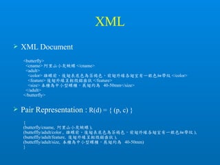 XML
 XML Document
<butterfly>
<cname> 阿里山小灰蛺蝶 </cname>
<adult>
<color> 雄蝶前、後翅表底色為茶褐色，前翅外緣各翅室有一銀色細帶紋 </color>
<feature> 後翅外緣呈輕微鋸齒狀 </feature>
<size> 本種為中小型蝶種，展翅約為 40-50mm</size>
</adult>
</butterfly>
 Pair Representation : R(d) = { (p, c) }
{
(butterfly/cname, 阿里山小灰蛺蝶 ),
(butteffly/adult/color , 雄蝶前、後翅表底色為茶褐色，前翅外緣各翅室有一銀色細帶紋 ),
(butteffly/adult/feature, 後翅外緣呈輕微鋸齒狀 ),
(butteffly/adult/size, 本種為中小型蝶種，展翅約為 40-50mm)
}
 