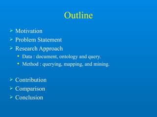 Outline
 Motivation
 Problem Statement
 Research Approach
 Data : document, ontology and query.
 Method : querying, mapping, and mining.
 Contribution
 Comparison
 Conclusion
 