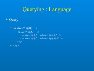 Querying : Language
 Query
 <s slot=“ 蝴蝶” >
• <s slot=“ 成蟲” />
 <s slot=“ 顏色” values=“ 淺棕色” />
 <s slot=“ 形狀” values=“ 翅緣破裂” />
• </s>
 </s>
 