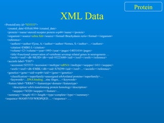 XML Data
<ProteinEntry id="S35333">
<created_date>03Feb1994</created_date>
<protein><name>steroid receptor protein svp44</name></protein>
<organism><source>zebra fish</source><formal>Brachydanio rerio</formal></organism>
<reference>
<authors><author>Fjose, A.</author><author>Nornes, S.</author>…</authors>
<citation>EMBO J.</citation>
<volume>12</volume><year>1993</year><pages>14031414</pages>
<title>Functional conservation of vertebrate sevenup related genes in neurogenesis …
<xrefs><xref><db>MUID</db><uid>93223680</uid></xref></xrefs></reference>
<accinfo label="FJO">
<accession>S35333</accession><moltype>mRNA</moltype><seqspec>1411</seqspec>
<xrefs><xref><db>EMBL</db><uid>X70299</uid></xref>…</accinfo></reference>
<genetics><gene><uid>svp44</uid></gene></genetics>
<classification><superfamily>unassigned erbArelated proteins</superfamily>…
<keywords>…DNA binding…zinc finger,…</keywords>
<feature label="ERBA"><featuretype>domain</featuretype>
<description>erbA transforming protein homology</description>
<seqspec>74320</seqspec></feature>…
<summary><length>411</length><type>complete</type></summary>
<sequence>MAMVVSVWRDPQED…. </sequence> ….
Protein
 