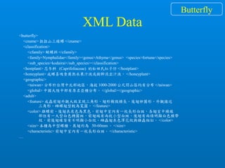 XML Data
<butterfly>
<cname> 拉拉山三線蝶 </cname>
<classification>
<cfamily> 蛺蝶科 </cfamily>
<family>Nymphalidae</family><genus>Athyma</genus> <species>fortuna</species>
<sub_species>kodairai</sub_species></classification>
<hostplant> 忍冬科 (Caprifoliaceae) 的松田氏紅子仔 </hostplant>
<honeyplant> 成蝶喜吸食腐熟水果汁液或樹幹流出汁液。 </honeyplant>
<geographic>
<taiwan> 分布於台灣中北部地區，海拔 1000-2000 公尺間山區均有分布 </taiwan>
<global> 中國大陸中部有原名亞種分布。 </global></geographic>
<adult>
<feature> 成蟲前翅外觀大致呈現三角形，翅形稍微橫長。後翅卵圓形，外觀接近
三角形。雌蝶翅型較為寬圓。 </feature>
<color> 雄蝶前、後翅表底色為黑色，前翅中室內有一枚長形白斑，各翅室中橫線
部位有一大型白色橢圓斑，前翅端有兩枚小型白斑。後翅有兩條明顯白色橫帶
紋，前後翅緣皆有不明顯小白紋。雌蟲翅表色澤花紋與雄蟲相似。 </color>
<size> 本種為中型蝶種，展翅約為 50-60mm 。 </size>
<characteristic> 前翅中室內有一枚長形白斑。 </characteristic>
…
Butterfly
 