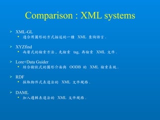 Comparison : XML systems
 XML-GL
 適合用圖形的方式描述的一種 XML 查詢語言 .
 XYZfind
 兩層式的檢索方法 , 先檢索 tag, 再檢索 XML 文件 .
 Lore+Data Guider
 結合樹狀式的圖形介面與 OODB 的 XML 檢索系統 .
 RDF
 採取物件式表達法的 XML 文件規格 .
 DAML
 加入邏輯表達法的 XML 文件規格 .
 