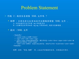 Problem Statement
 問題 2 : 機器容易讀懂 XML 文件嗎 ?
 解釋 : 目前沒有已知有效的方法讓機器讀懂 XML 文件 .
• A. 目前的檢索方法不考慮 tag 的語義資訊 .
• B. 人很難寫出非常詳細的 tag, tag 不夠詳細時 , 機器又很難讀懂 .
 範例 : XML 文件
• - <butterfly>
 <cname> 拉拉山三線蝶 </cname>
 <egg><color> 淡綠 </color></egg>
 <larva><color> 終齡幼蟲頭部褐色，體呈翠綠色 </color></larva> <pupa><color><color> 蛹
體底色呈黃褐色 </color></pupa>
 <adult><color> 雄蝶前、後翅表底色為黑色，前翅中室內有一枚長形白斑 </color><adullt>
• </butterfly>
• 解釋 : 查詢 “綠色 蝴蝶” 時 , 上述文件會被檢索出來 , 但語義並不符合 .
 