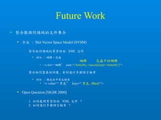 Future Work
 整合數個同領域的文件集合
 方法 : Slot Vector Space Model (SVSM)
• 整合相同領域的異質性的 XML 文件
 例如 : 蝴蝶 + 昆蟲
• <s slot=“ 蝴蝶” path=“//butterfly; //insect[@type=‘butterfly’]”>
• 整合相同意義的詞彙 , 有利進行多國語言檢索
 例如 : 顏色的中英文檢索
• <v value=“ 黑色” keys=“ 黑色 , Black”/>
 Open Question [SIGIR 2000]
• 1. 如何處理異質性的 XML 文件 ?
• 2. 如何進行多國語言檢索 ?
蝴蝶 昆蟲中的蝴蝶
 