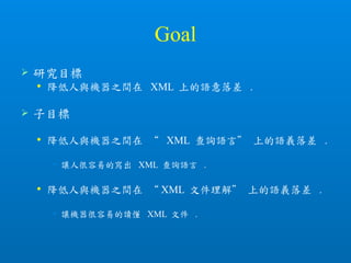 Goal
 研究目標
 降低人與機器之間在 XML 上的語意落差 .
 子目標
 降低人與機器之間在 “ XML 查詢語言” 上的語義落差 .
• 讓人很容易的寫出 XML 查詢語言 .
 降低人與機器之間在 “ XML 文件理解” 上的語義落差 .
• 讓機器很容易的讀懂 XML 文件 .
 