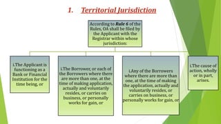 1. Territorial Jurisdiction
According to Rule 6 of the
Rules, OA shall be filed by
the Applicant with the
Registrar within whose
jurisdiction:
i.The Applicant is
functioning as a
Bank or Financial
Institution for the
time being, or
i.The Borrower, or each of
the Borrowers where there
are more than one, at the
time of making application,
actually and voluntarily
resides, or carries on
business, or personally
works for gain, or
i.Any of the Borrowers
where there are more than
one, at the time of making
the application, actually and
voluntarily resides, or
carries on business, or
personally works for gain, or
i.The cause of
action, wholly
or in part,
arises.
 