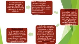 Once the pleadings of
both the parties are
complete then PO will
fix the date of tendering
of evidences by way of
affidavit.
Cross Examination
After tendering the
affidavit of evidence, on
application, the PO may in
the interest of justice may
allow the cross
examination of the
witnesses.
i.Section19(20)
ii.After hearing both
the parties, within 30
days of conclusion of
hearing DRT may pass
such interim or final
order/Recovery
Certificate {section
19(22) of the Act}
Such order includes
payment of interest from
the date on or before
which payment of the
amount, if found due, up
to the date of realization
or actual payment, for
initiation of Recovery
proceeding before the RO
under Chapter V of the
Act.
i.Section 19(24)
ii.The above OA must be
dealt expeditiously and
endeavour shall be made
to complete the
proceedings in 2 hearings
and dispose OA within 180
days from its receipt.
 