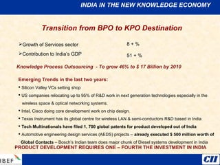 INDIA IN THE NEW KNOWLEDGE ECONOMY
Transition from BPO to KPO Destination
Growth of Services sector
Contribution to India’s GDP
8 + %
51 + %
Knowledge Process Outsourcing - To grow 46% to $ 17 Billion by 2010
Emerging Trends in the last two years:
 Silicon Valley VCs setting shop
 US companies relocating up to 95% of R&D work in next generation technologies especially in the
wireless space & optical networking systems.
 Intel, Cisco doing core development work on chip design.
 Texas Instrument has its global centre for wireless LAN & semi-conductors R&D based in India
 Tech Multinationals have filed 1, 700 global patents for product developed out of India
 Automotive engineering design services (AEDS) projects – already executed $ 500 million worth of
Global Contacts – Bosch’s Indian team does major chunk of Diesel systems development in India
PRODUCT DEVELOPMENT REQUIRES ONE – FOURTH THE INVESTMENT IN INDIA
 