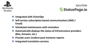 ❖ Integrated with VictorOps
❖ Self service subscription based communications (SMS /
Email)
❖ Scheduled maintenance with reminders
❖ Automatically displays the status of Infrastructure providers
(Box, Amazon, etc.)
❖ Provide users incident post mortems reports
❖ Integrated translation services
SOLUTION
 
