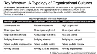 How Organizations Process Information
Roy Westrum: A Typology of Organizational Cultures
2014 State of DevOps Report shows that in the context of IT, job satisfaction is the biggest predictor of
profitability, market share, and productivity. The biggest predictor of job satisfaction, in turn, is how
effectively organizations process information, as determined by a model created by sociologist Ron
Westrum, shown below. 1
1: https://continuousdelivery.com/implementing/culture/
 