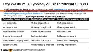“How Organizations Process Information”
Roy Westrum: A Typology of Organizational Cultures
2014 State of DevOps Report shows that in the context of IT, job satisfaction is the biggest predictor of
profitability, market share, and productivity. The biggest predictor of job satisfaction, in turn, is how
effectively organizations process information, as determined by a model created by sociologist Ron
Westrum, shown below. 1
1: https://continuousdelivery.com/implementing/culture/
 