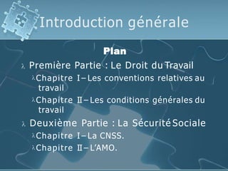 Introduction générale
Plan
 Première Partie : Le Droit du Travail
Chapitre I – Les conventions relatives au
travail
Chapitre II – Les conditions générales du
travail
 Deuxième Partie : La Sécurité Sociale
Chapitre I – La CNSS.
Chapitre II – L’AMO.
 