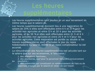 Les heures
supplémentaires



Les heures supplémentaires sont payées en un seul versement en
même temps que le salaire dû.
Les heures supplémentaires donnent lieu à une majoration de
salaire de 25% si elles sont effectuées entre 6 h et 21 h pour les
activités non agricoles et entre 5 h et 20 h pour les activités
agricoles, et de 50 % si elles sont effectuées entre 21 h et 6 h
pour les activités non agricoles et entre 20 h et 5 h pour les
activités agricoles. Cette majoration est portée au double si les
heures supplémentaires sont effectuées le jour du repos
hebdomadaire du salarié, même si un repos compensateur lui est
accordé.
La rémunération des heures supplémentaires est calculée tant sur
le salaire que sur ses accessoires, à l'exclusion :
1. des allocations familiales ;
2. des pourboires, sauf pour le personnel rémunéré exclusivement
au pourboire ;
3. des indemnités qui constituent un remboursement de frais ou de
dépenses engagés par le salarié en raison de son travail.
 