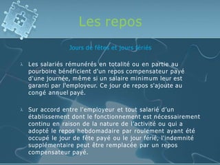 Les repos
Jours de fêtes et jours fériés
 Les salariés rémunérés en totalité ou en partie au
pourboire bénéficient d'un repos compensateur payé
d'une journée, même si un salaire minimum leur est
garanti par l'employeur. Ce jour de repos s'ajoute au
congé annuel payé.
 Sur accord entre l'employeur et tout salarié d’un
établissement dont le fonctionnement est nécessairement
continu en raison de la nature de l’activité ou qui a
adopté le repos hebdomadaire par roulement ayant été
occupé le jour de fête payé ou le jour férié, l'indemnité
supplémentaire peut être remplacée par un repos
compensateur payé.
 