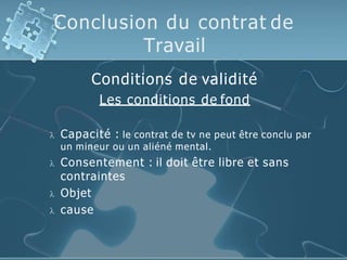 Conclusion du contrat de
Travail
Conditions de validité
Les conditions de fond
 Capacité : le contrat de tv ne peut être conclu par
un mineur ou un aliéné mental.
 Consentement : il doit être libre et sans
contraintes
 Objet
 cause
 