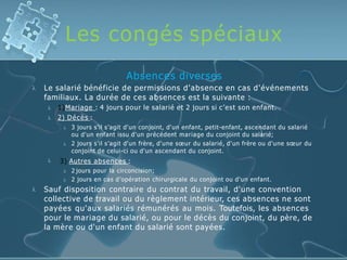 Les congés spéciaux

Absences diverses
Le salarié bénéficie de permissions d'absence en cas d'événements
familiaux. La durée de ces absences est la suivante :



1)Mariage : 4 jours pour le salarié et 2 jours si c’est son enfant.
2) Décès :
 3 jours s’il s’agit d'un conjoint, d'un enfant, petit-enfant, ascendant du salarié
ou d'un enfant issu d'un précédent mariage du conjoint du salarié;
 2 jours s’il s’agit d'un frère, d'une sœur du salarié, d'un frère ou d'une sœur du
conjoint de celui-ci ou d'un ascendant du conjoint.
3) Autres absences :
 2 jours pour la circoncision;
 2 jours en cas d’opération chirurgicale du conjoint ou d'un enfant.
 Sauf disposition contraire du contrat du travail, d'une convention
collective de travail ou du règlement intérieur, ces absences ne sont
payées qu'aux salariés rémunérés au mois. Toutefois, les absences
pour le mariage du salarié, ou pour le décès du conjoint, du père, de
la mère ou d'un enfant du salarié sont payées.
 