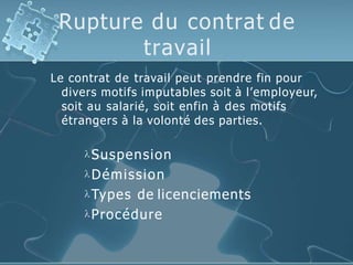 Rupture du contrat de
travail
Le contrat de travail peut prendre fin pour
divers motifs imputables soit à l’employeur,
soit au salarié, soit enfin à des motifs
étrangers à la volonté des parties.
Suspension
Démission
Types de licenciements
Procédure
 