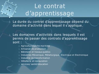 Le contrat
d’apprentissage
 La durée du contrat d’apprentissage dépend du
domaine d’activité dans lequel il s’applique.
 Les domaines d’activités dans lesquels il est
permis de passer des contrats d’apprentissage
sont :
 Agriculture/pêche maritime
 Artisanat de production
 Bâtiment et travaux publics
 Industries Mécanique, Métallurgique, Electrique et Electronique
 Industrie de transformation
 Hôtellerie et restauration
 services/ santé/éducation
 