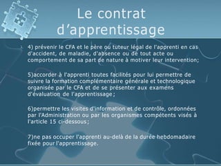 Le contrat
d’apprentissage
 4) prévenir le CFA et le père ou tuteur légal de l'apprenti en cas
d'accident, de maladie, d'absence ou de tout acte ou
comportement de sa part de nature à motiver leur intervention;
5)accorder à l'apprenti toutes facilités pour lui permettre de
suivre la formation complémentaire générale et technologique
organisée par le CFA et de se présenter aux examens
d'évaluation de l'apprentissage ;
6)permettre les visites d'information et de contrôle, ordonnées
par l'Administration ou par les organismes compétents visés à
l'article 15 ci-dessous ;
7)ne pas occuper l'apprenti au-delà de la durée hebdomadaire
fixée pour l'apprentissage.
 