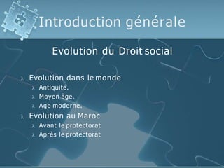 Introduction générale
Evolution du Droit social
 Evolution dans le monde
 Antiquité.
 Moyen âge.
 Age moderne.
 Evolution au Maroc
 Avant le protectorat
 Après le protectorat
 