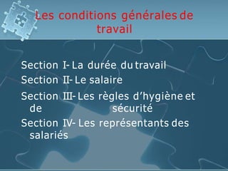 Les conditions générales de
travail
Section I- La durée du travail
Section II- Le salaire
Section III- Les règles d’hygiène et
de sécurité
Section IV- Les représentants des
salariés
 