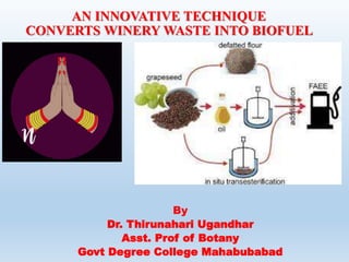 AN INNOVATIVE TECHNIQUE
CONVERTS WINERY WASTE INTO BIOFUEL
By
Dr. Thirunahari Ugandhar
Asst. Prof of Botany
Govt Degree College Mahabubabad
 