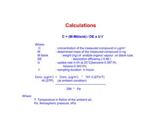 Calculations
C = (M-Mblank) / DE x U t’
Where:
C : concentration of the measured compound in µg/m3
M : determined mass of the measured compound in ng
M blank : weight (ng) of analyte organic vapour on blank tube
DE : desorption efficiency ( 0.98 )
U : uptake rate in l/h at 25°C(benzene 0.387 l/h,
toluene 0.343 l/h)
t’ : sampling duration in hours
Conc. (µg/m3
) = Conc. (µg/m3
) * 101.3 (273+T)
At (STP) (at ambient condition)
--------------------------------------------------
298 * Pa
Where:
T: Temperature in Kelvin of the ambient air,
Pa: Atmospheric pressure, kPa
 