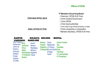 CPCB HEAD OFFICE, DELHICPCB HEAD OFFICE, DELHI
KANPUR KOLKATA SHILONG BHOPAL
VADODARA BANGLORE
Uttar Pradesh
Uttaranchal
Jammu &
Kashmir,
Himachal
Pradesh,
Punjab,
Haryana
UT Delhi
BiharBihar
JharkhandJharkhand
OrrisaOrrisa
SikkimSikkim
West BengalWest Bengal
UT AndamanUT Andaman
NicobarNicobar
Assam
Manipur
Meghalaya
Mizoram
Nagaland
Tripura
MadhyaMadhya
PradeshPradesh
RajasthanRajasthan
ChattisgarhChattisgarh
Gujrat
Maharastra
UT Daman,
Diu and Dadra
& Nagar
Haveli
Andhra PradeshAndhra Pradesh
GoaGoa
KarnatakaKarnataka
KerlaKerla
TamilnaduTamilnadu
UT LakshadweepUT Lakshadweep
UTUT PondicharyPondichary
ZONAL OFFICES OF CPCB
Offices of CPCBOffices of CPCB
17 Members Governing Board
- Chairman, CPCB (Full Time)
- 5 from Central Government
- 3 from SPCB
- 2 from local authorities
- 3 from filed of agri./fishery/industry or trade
- 2 from companies or corporation
- Member Secretary, CPCB (Full Time)
 