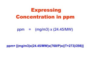 ppm = (mg/m3) x (24.45/MW)
Expressing
Concentration in ppm
ppm= [(mg/m3)x(24.45/MW)x(760/P)x((T+273)/298)]
 
