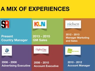 A MIX OF EXPERIENCES
2013 - 2015
GM Sales
Present
Country Manager
2012 - 2013
Manager Marketing
and Sales
2010 - 2012
Account Manager
2006 - 2008
Advertising Executive
2008 - 2010
Account Executive
 
