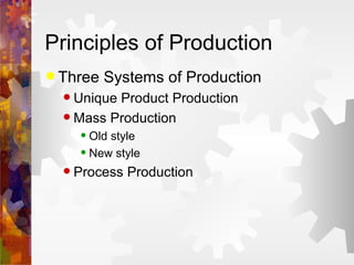 Principles of Production Three Systems of Production Unique Product Production Mass Production Old style New style Process Production 