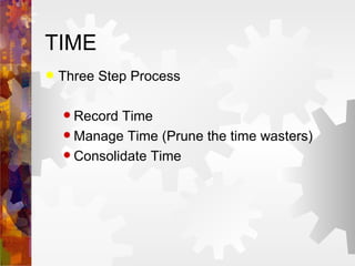 TIME Three Step Process Record Time Manage Time (Prune the time wasters) Consolidate Time 