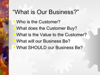 “What is Our Business?” Who is the Customer? What does the Customer Buy? What is the Value to the Customer? What will our Business Be? What SHOULD our Business Be? 